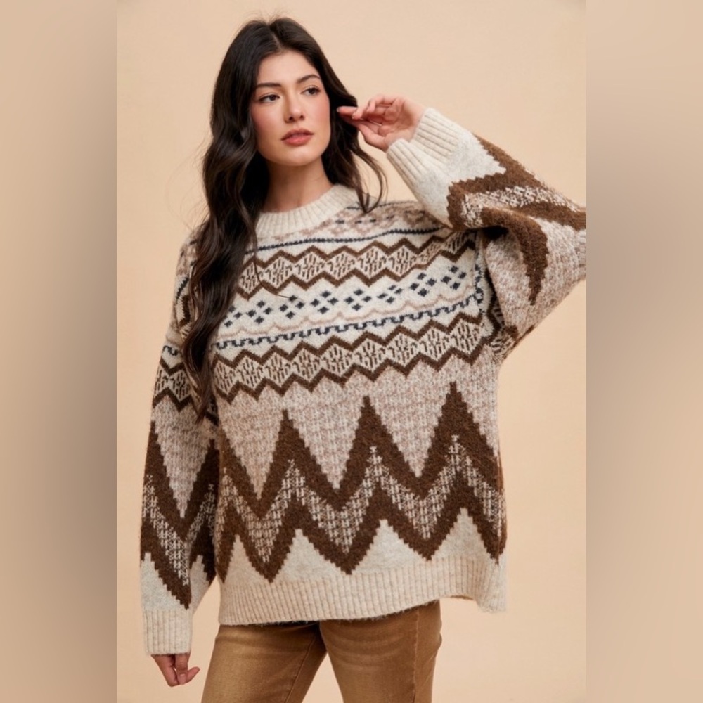 Beige brown argyle Aztec tribal print oversized boho bohemian print sweater top - Picture 5 of 6